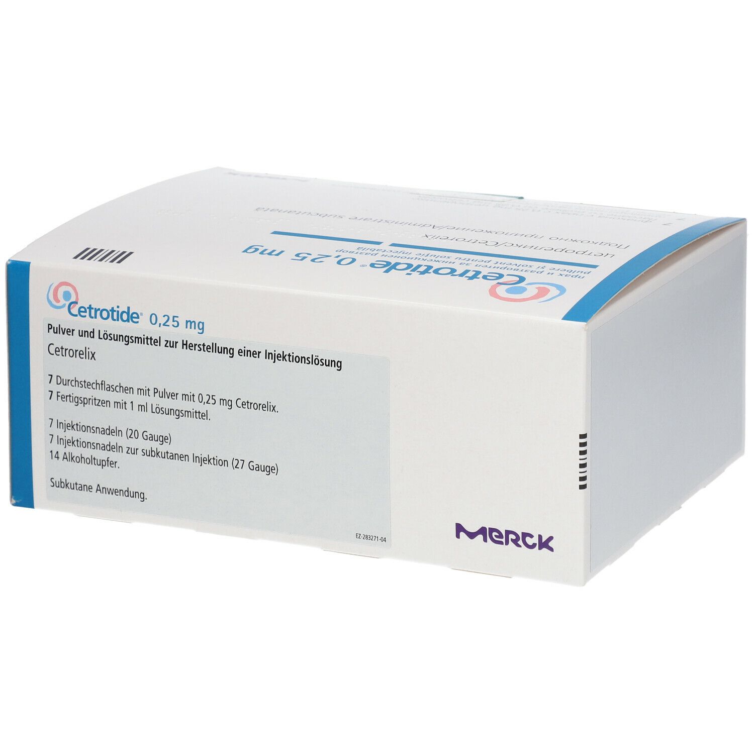 Weiße Faltschachtel mit blauer Schrift. Aufschrift: Cetrotide 0,25 mg. Enthält Durchstechflaschen, Fertigspritzen, Nadeln und Alkoholtupfer.