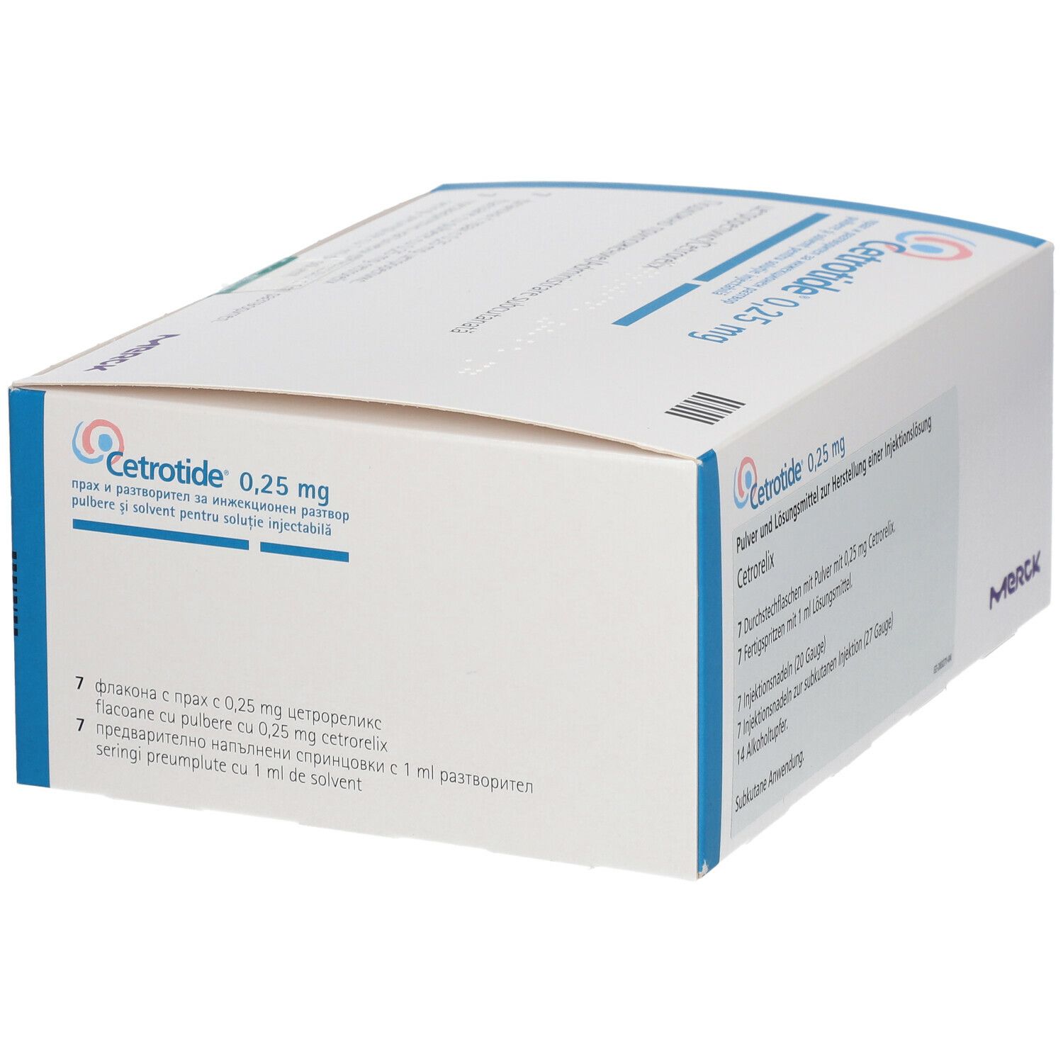 Schräg gestellte Faltschachtel mit Cetrotide 0,25 mg Aufdruck. Enthält Durchstechflaschen, Fertigspritzen, Nadeln und Alkoholtupfer. Merck Logo.