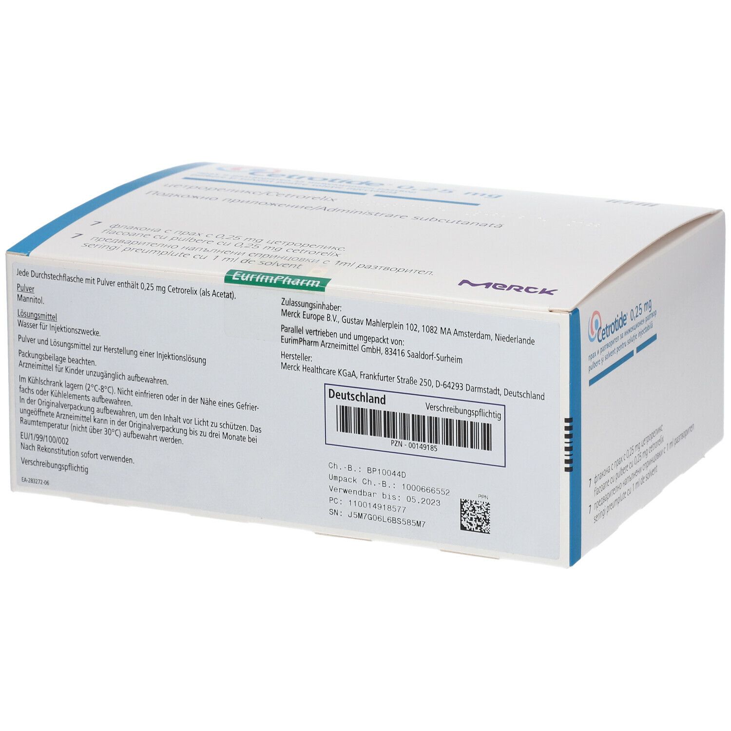 Rückseite der Faltschachtel mit Cetrotide 0,25 mg. Enthält Informationen, Herstellerangaben und Chargennummer. Merck Logo.