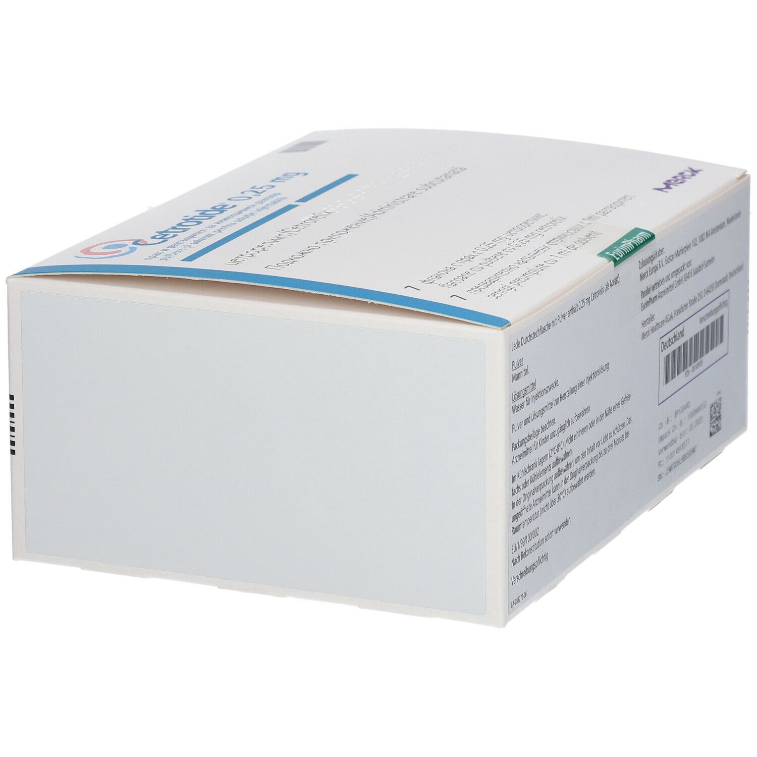 Unterseite der Faltschachtel mit Cetrotide 0,25 mg. Enthält keine sichtbaren Informationen. Merck Logo.