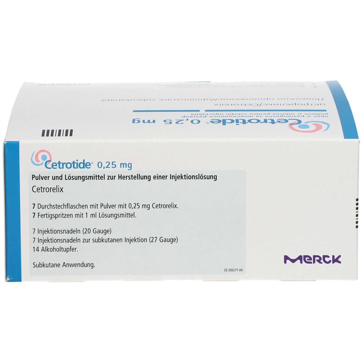 Faltschachtel mit Cetrotide 0,25 mg. Enthält Durchstechflaschen, Fertigspritzen, Nadeln und Alkoholtupfer. Merck Logo.