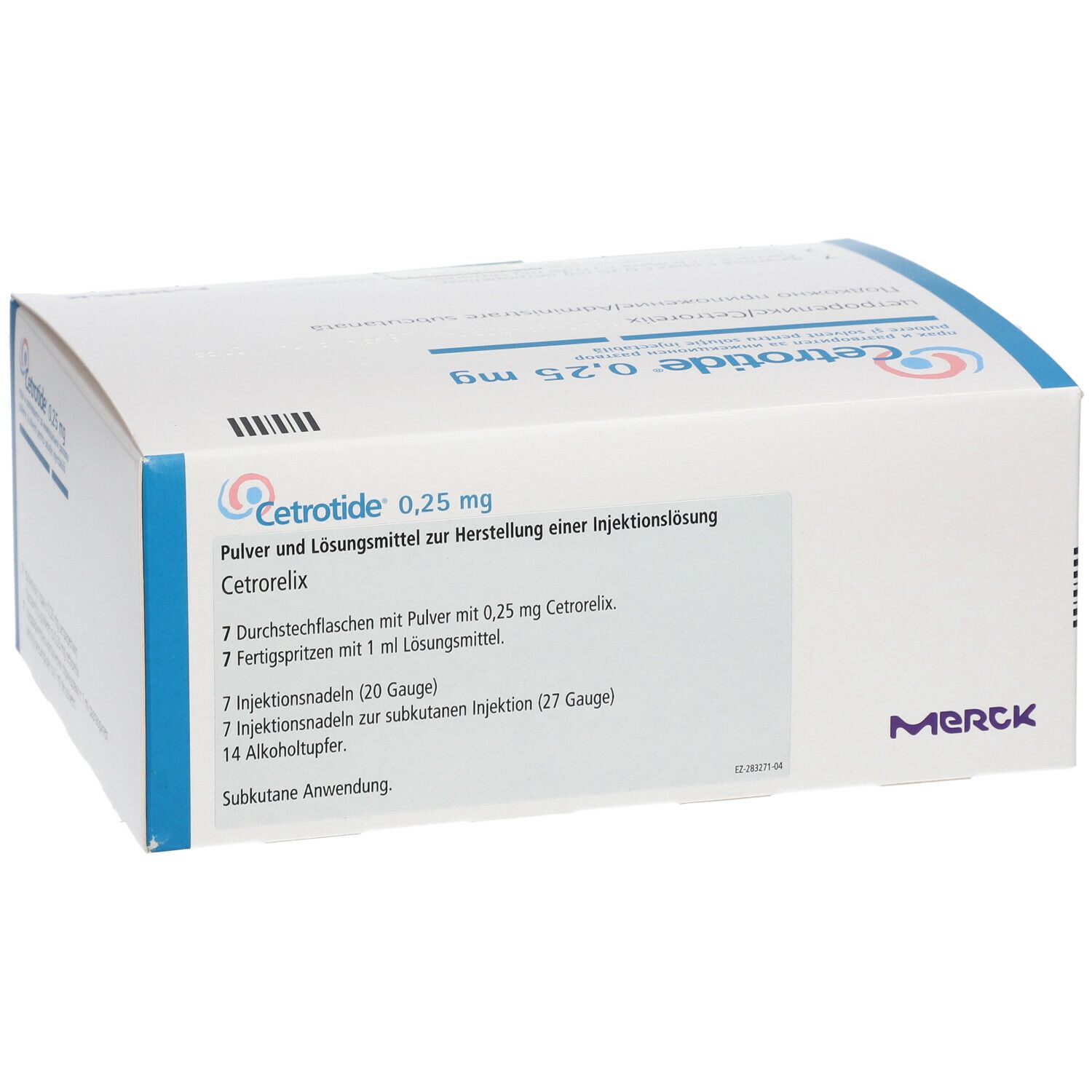 Faltschachtel mit Cetrotide 0,25 mg. Enthält Durchstechflaschen, Fertigspritzen, Nadeln und Alkoholtupfer. Merck Logo.