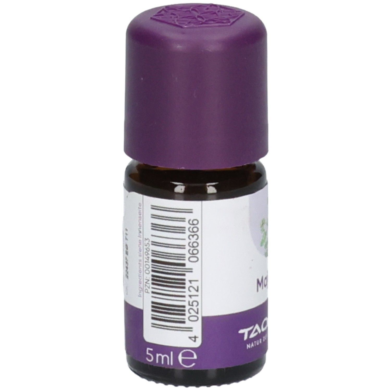 Braune Glasflasche mit lila Verschluss. Etikett mit Barcode und "5ml e". Marke: TAOASIS.