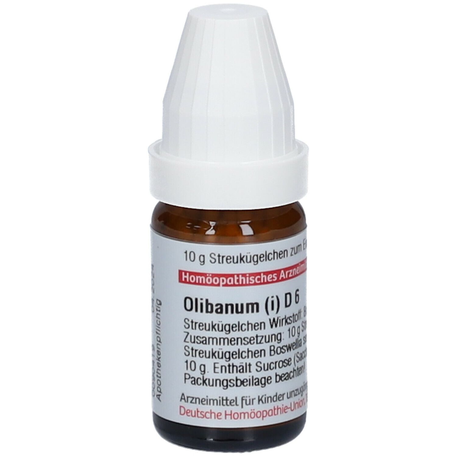 Braune Glasflasche mit weißem Deckel. Beschriftung: Olibanum (i) D6, 10 g Streukügelchen.