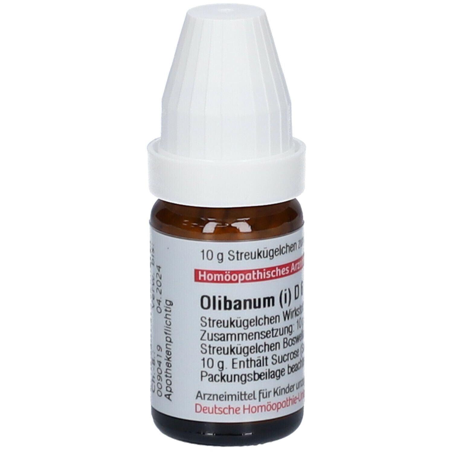 Braune Glasflasche mit weißem Deckel. Beschriftung: Olibanum (i) D6, Verwendbar bis 04.2024.