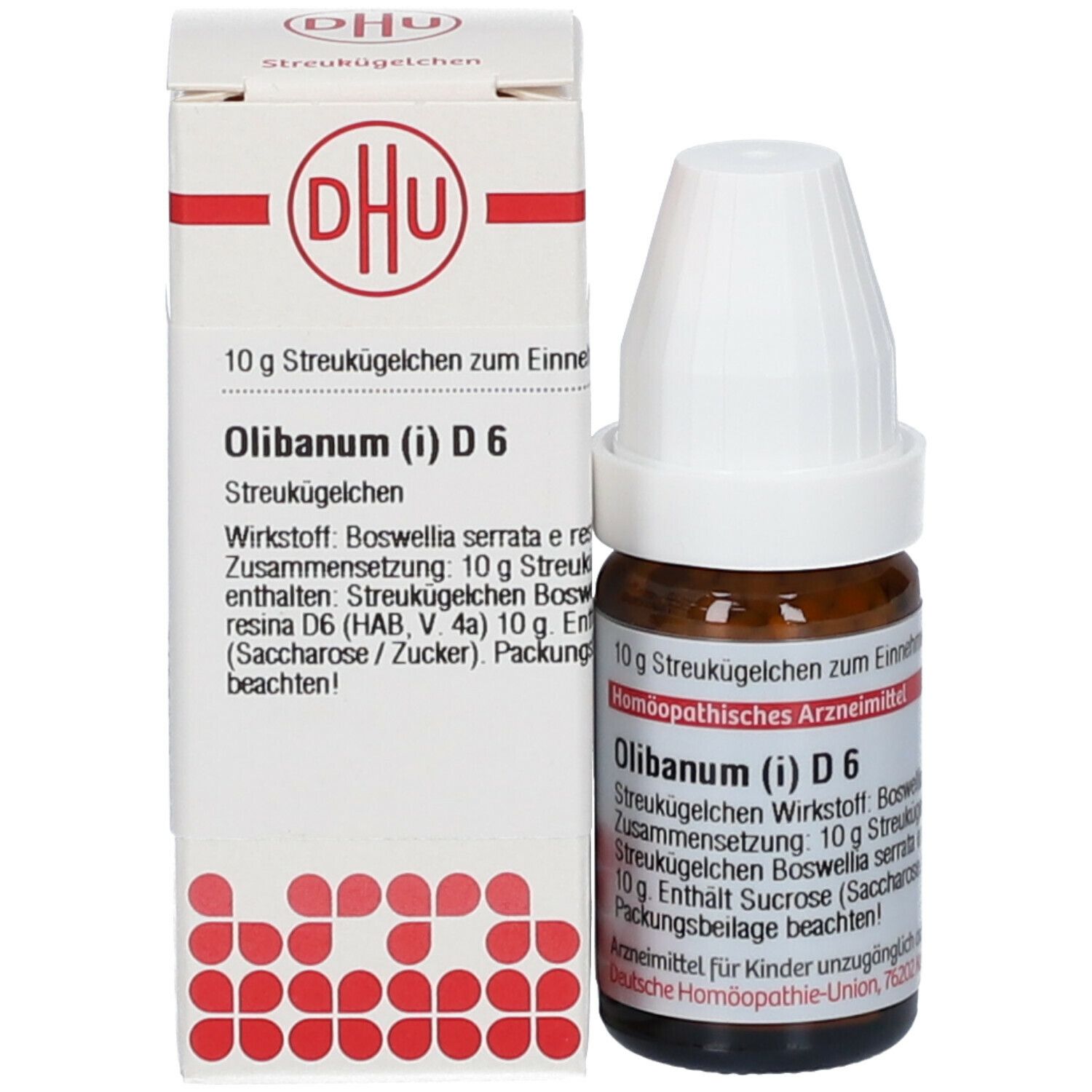 Produktverpackung und Flasche. Beschriftung: DHU, Olibanum (i) D6, 10 g Streukügelchen.