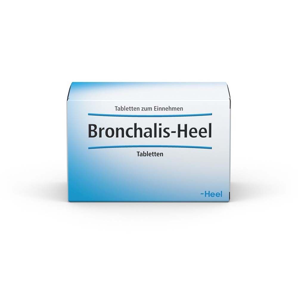 Weiße Tablettenbox mit blauer Schrift. Aufschrift: Bronchalis-Heel Tabletten. Marke: -Heel.
