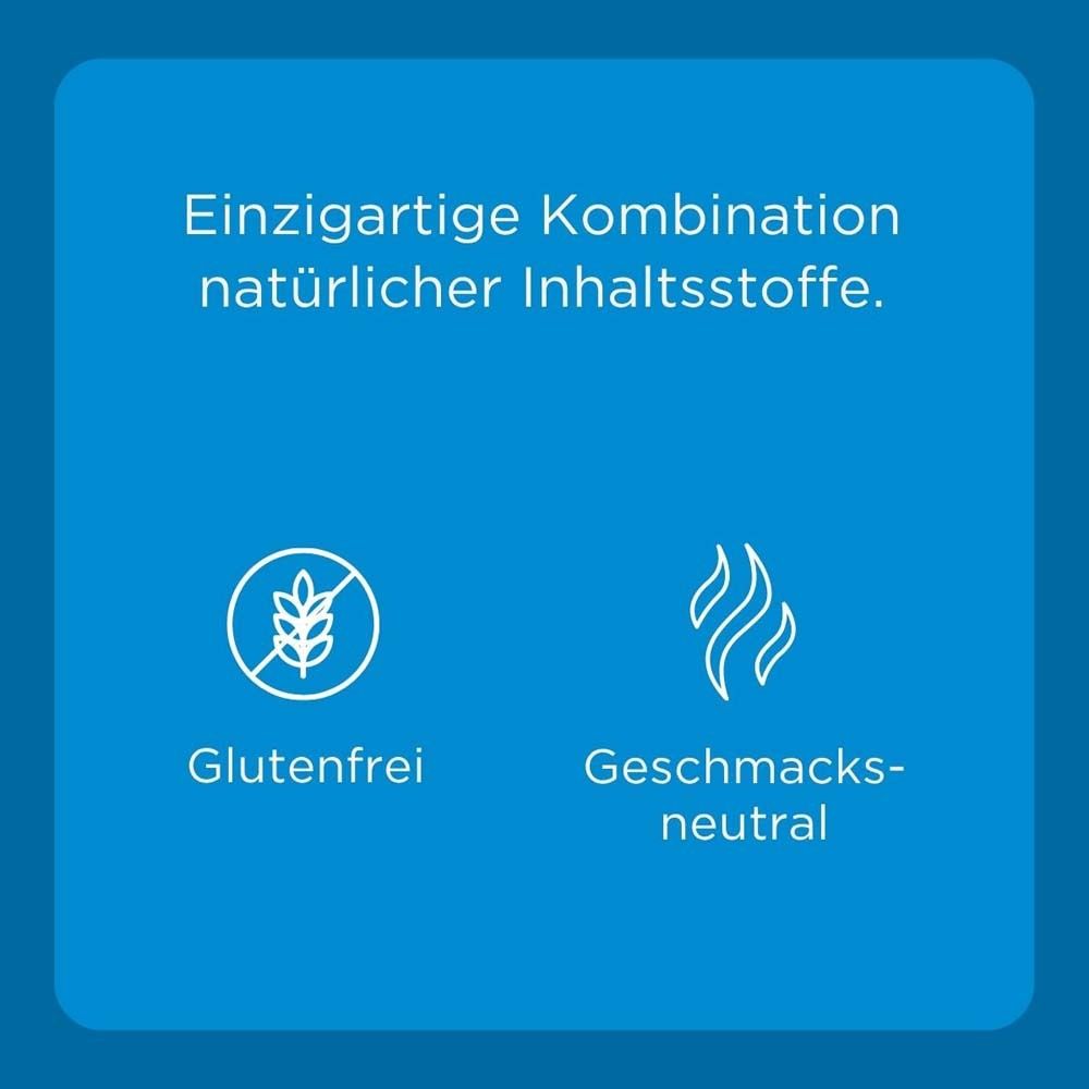Blauer Hintergrund mit Symbolen: Glutenfrei und Geschmacksneutral.