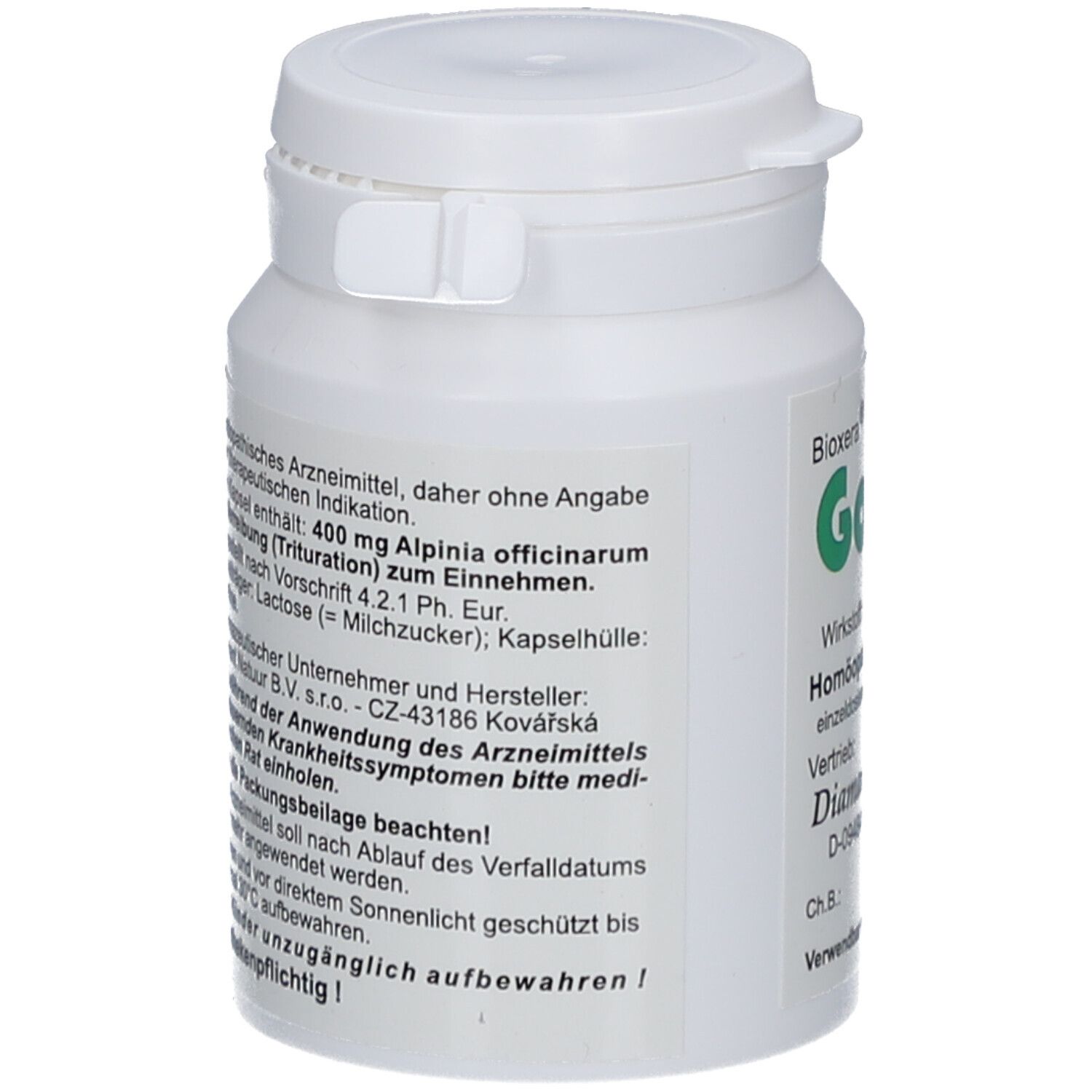 Weiße Dose, Rückseite mit Text. Aufschrift: 400 mg Alpinia officinarum. Hersteller: Diamant Natur GmbH. Für Kinder unzugänglich aufbewahren!