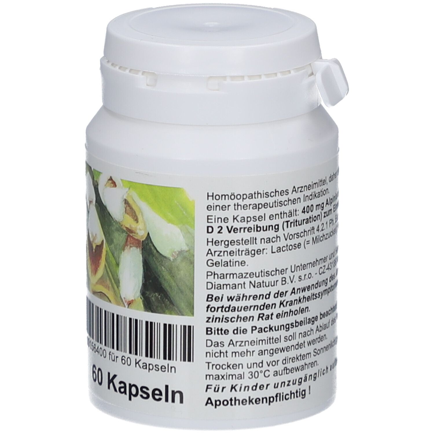Weiße Dose, Rückseite mit Text. Aufschrift: 60 Kapseln. Hersteller: Diamant Natur GmbH. Für Kinder unzugänglich aufbewahren!