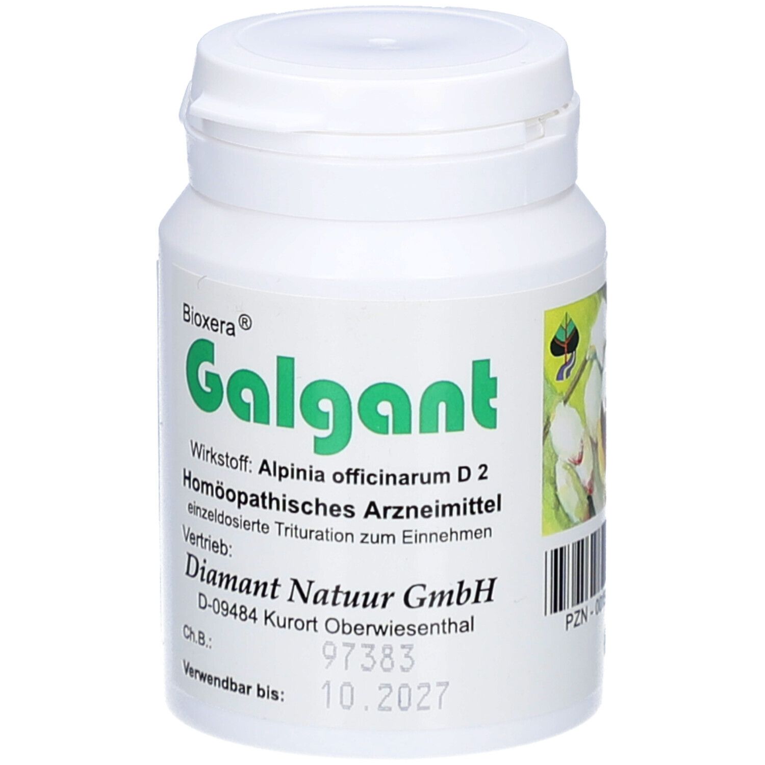 Weiße Dose mit grünem Etikett. Aufschrift: Bioxera Galgant. Wirkstoff: Alpinia officinarum D2. Haltbarkeit bis 10.2027.