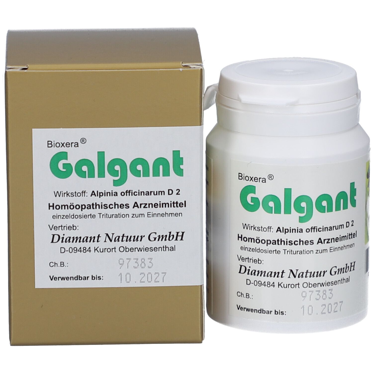 Weiße Dose und Karton. Aufschrift: Bioxera Galgant. Wirkstoff: Alpinia officinarum D2. Haltbarkeit bis 10.2027.