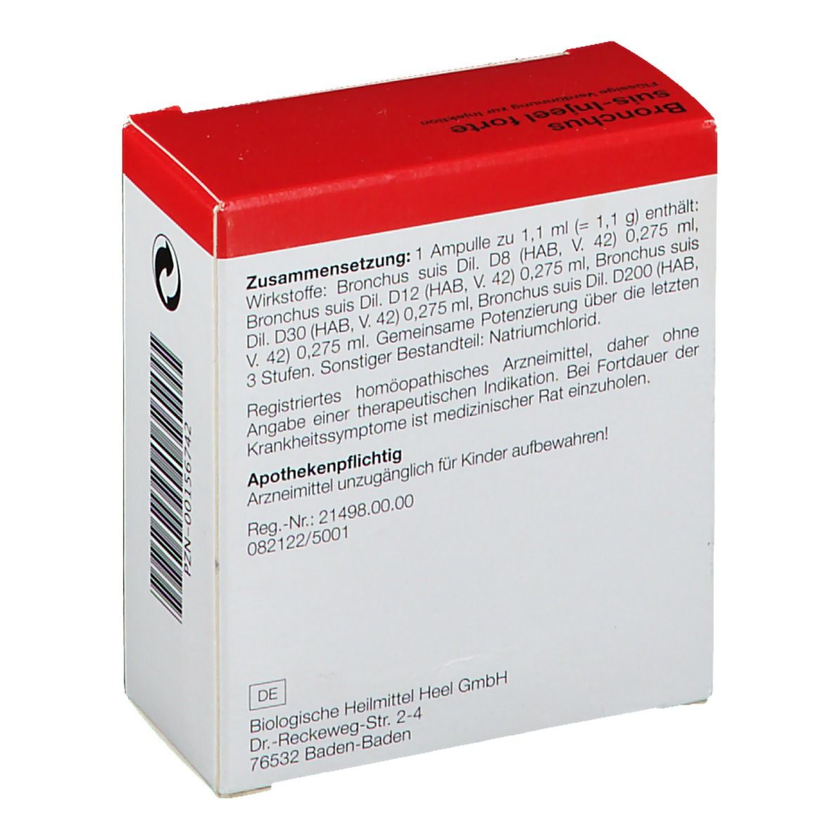 Rückseite der Schachtel. Enthält Informationen zu Inhaltsstoffen und Dosierung. Apothekenpflichtig. Hersteller: Heel.