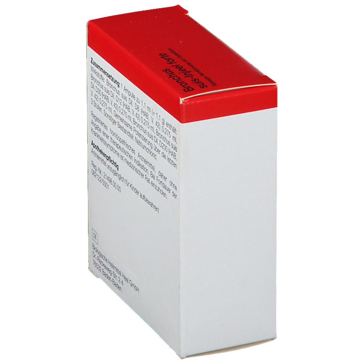 Schachtel, rote Oberseite. Beschriftung: Bronchus suis-Injeel forte. Seitenansicht mit Text und Herstellerinformationen.