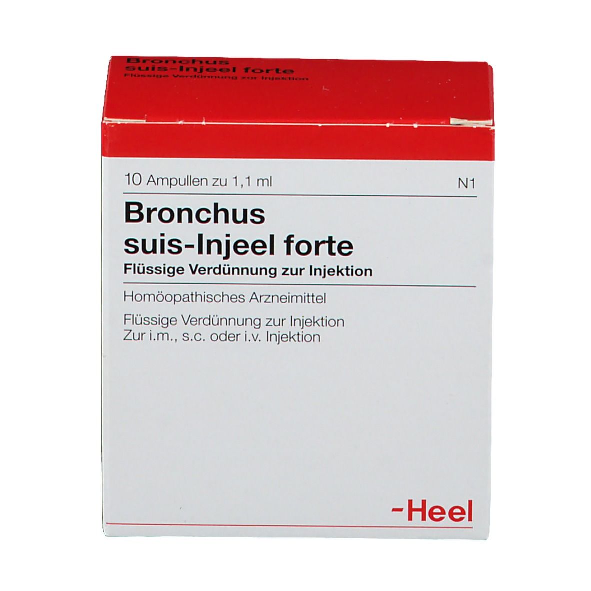 Karton mit rotem Deckel. Beschriftung: Bronchus suis-Injeel forte. Flüssige Verdünnung zur Injektion. Heel-Logo.