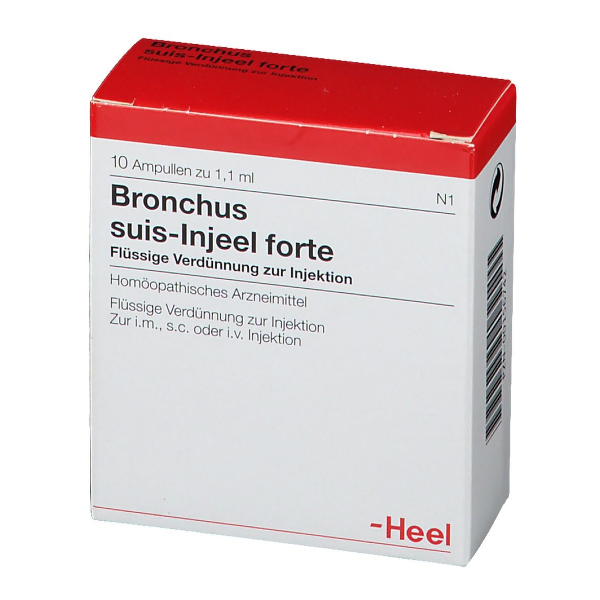 Karton mit rotem Deckel. Beschriftung: Bronchus suis-Injeel forte. Flüssige Verdünnung zur Injektion. Heel-Logo.