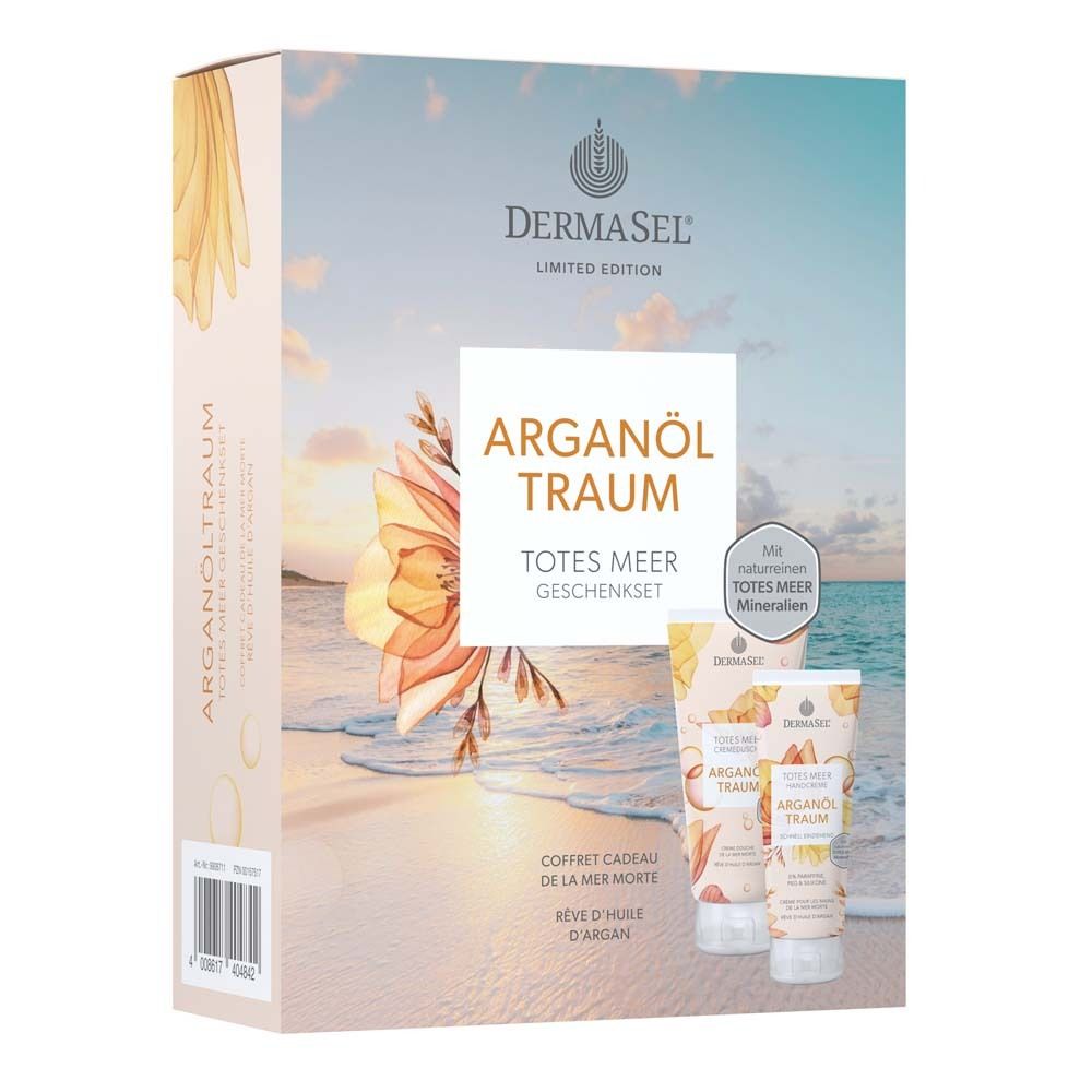 Geschenkset mit Cremes. Verpackung mit Strandmotiv und Produktnamen. Enthält zwei Tuben und eine Box.