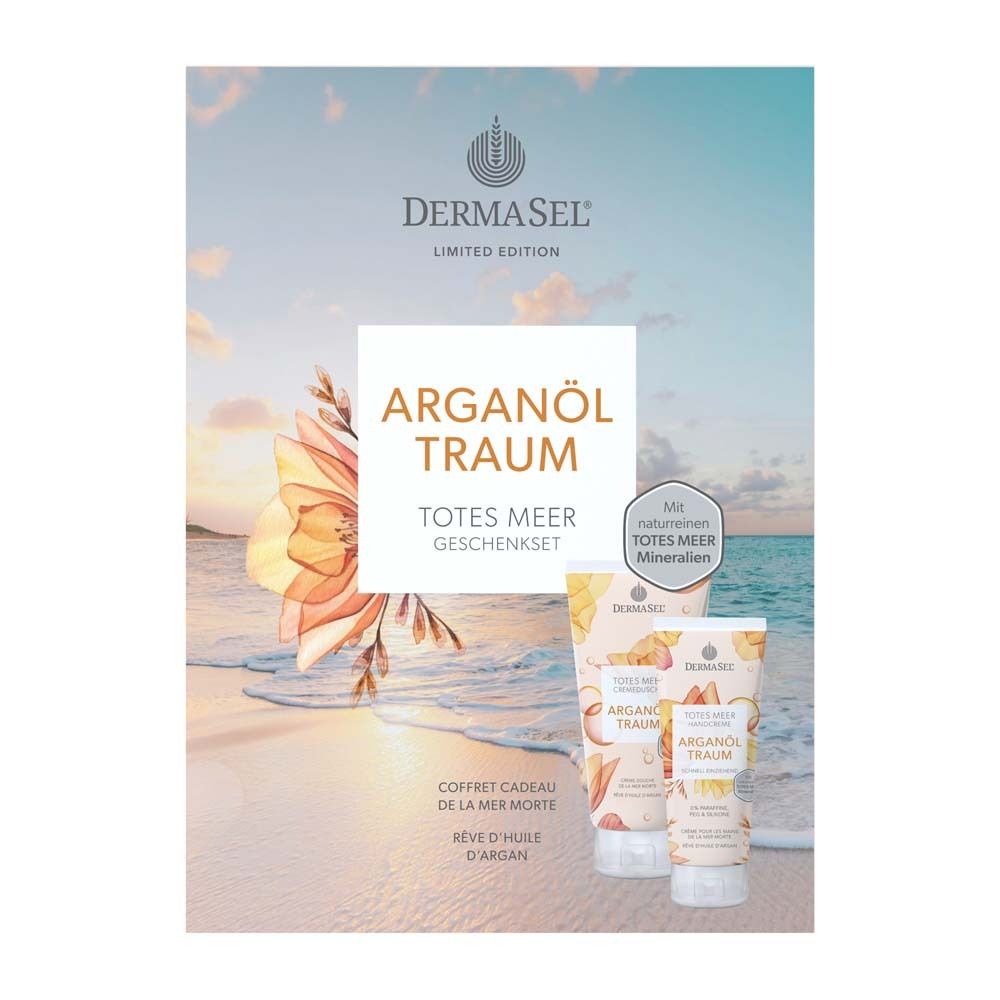 Geschenkset mit Cremes. Verpackung mit Strandmotiv und Produktnamen. Enthält zwei Tuben und eine Box.