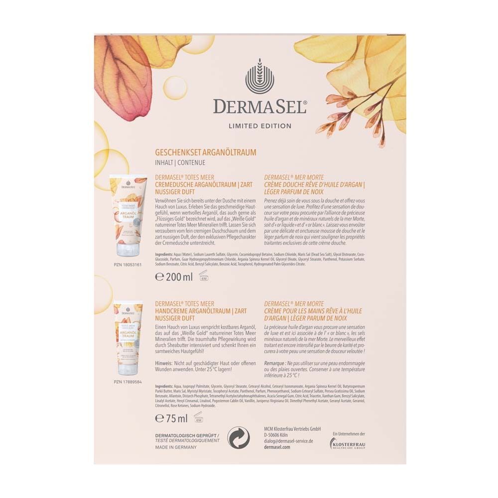Rückseite der Geschenkset-Verpackung. Text in Deutsch und Französisch. Enthält Produktinformationen und Inhaltsstoffe.
