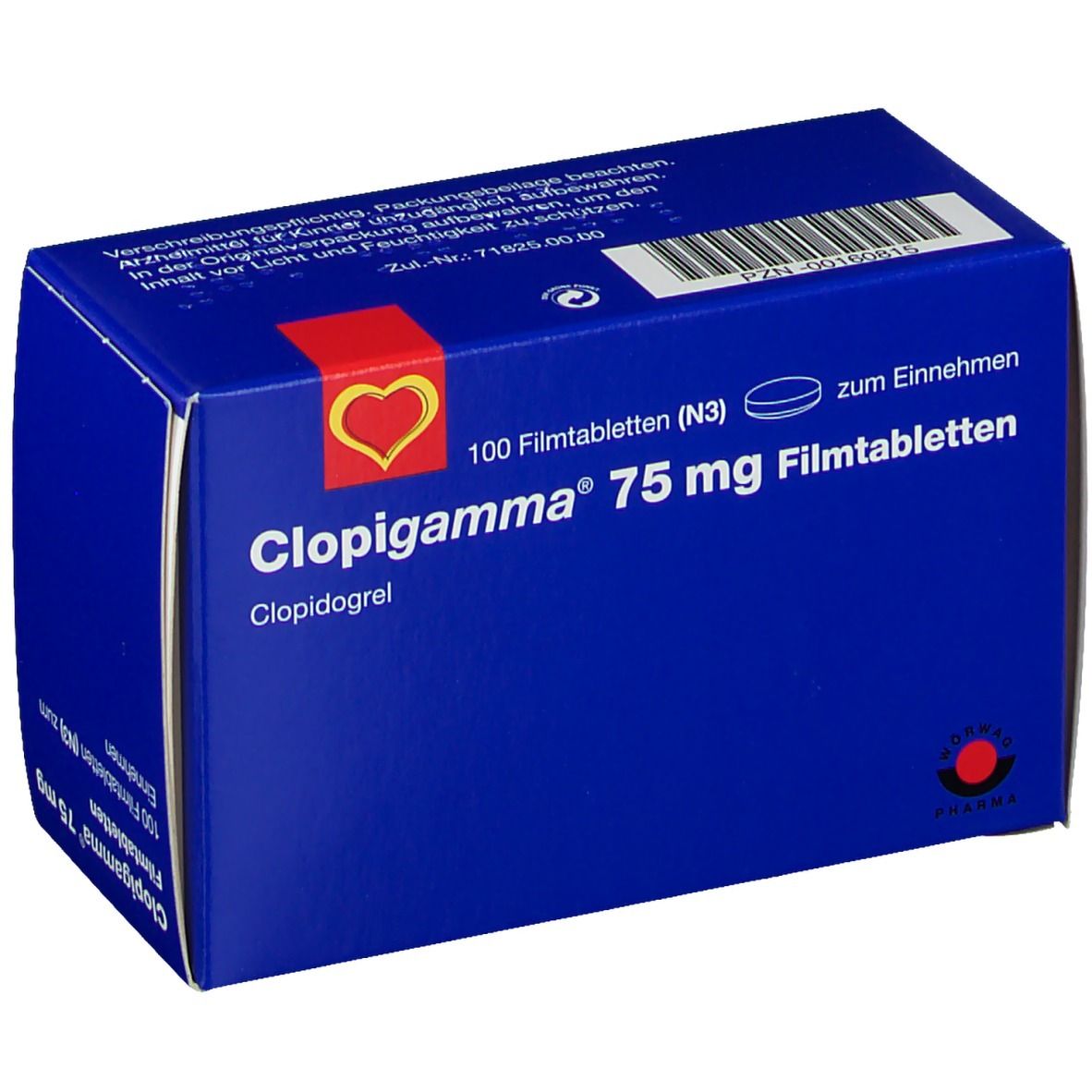 Blaue Schachtel mit Aufschrift Clopigamma 75 mg Filmtabletten. Enthält 100 Tabletten. Logo: rotes Herz.