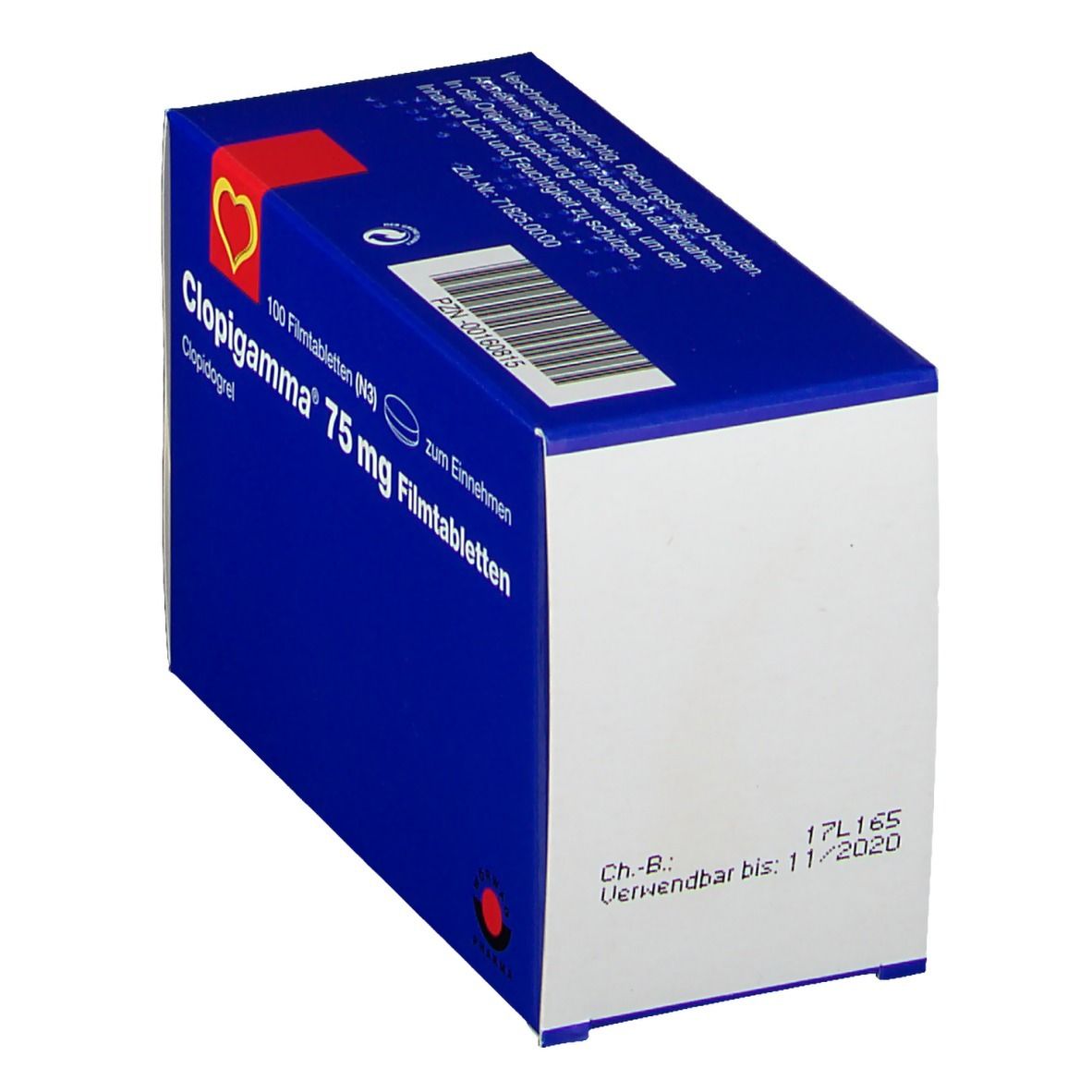 Blaue Schachtel Clopigamma 75 mg Filmtabletten. Enthält 100 Tabletten. Barcode und Verfallsdatum 11/2020.