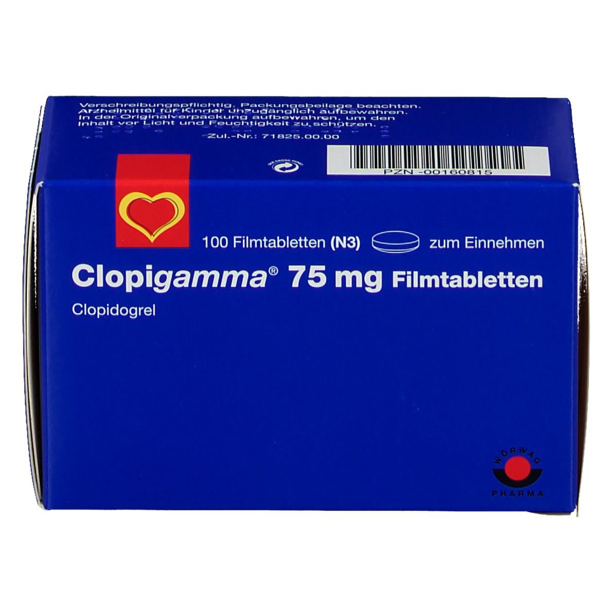 Blaue Schachtel mit Aufschrift Clopigamma 75 mg Filmtabletten. Enthält 100 Tabletten. Logo: rotes Herz.