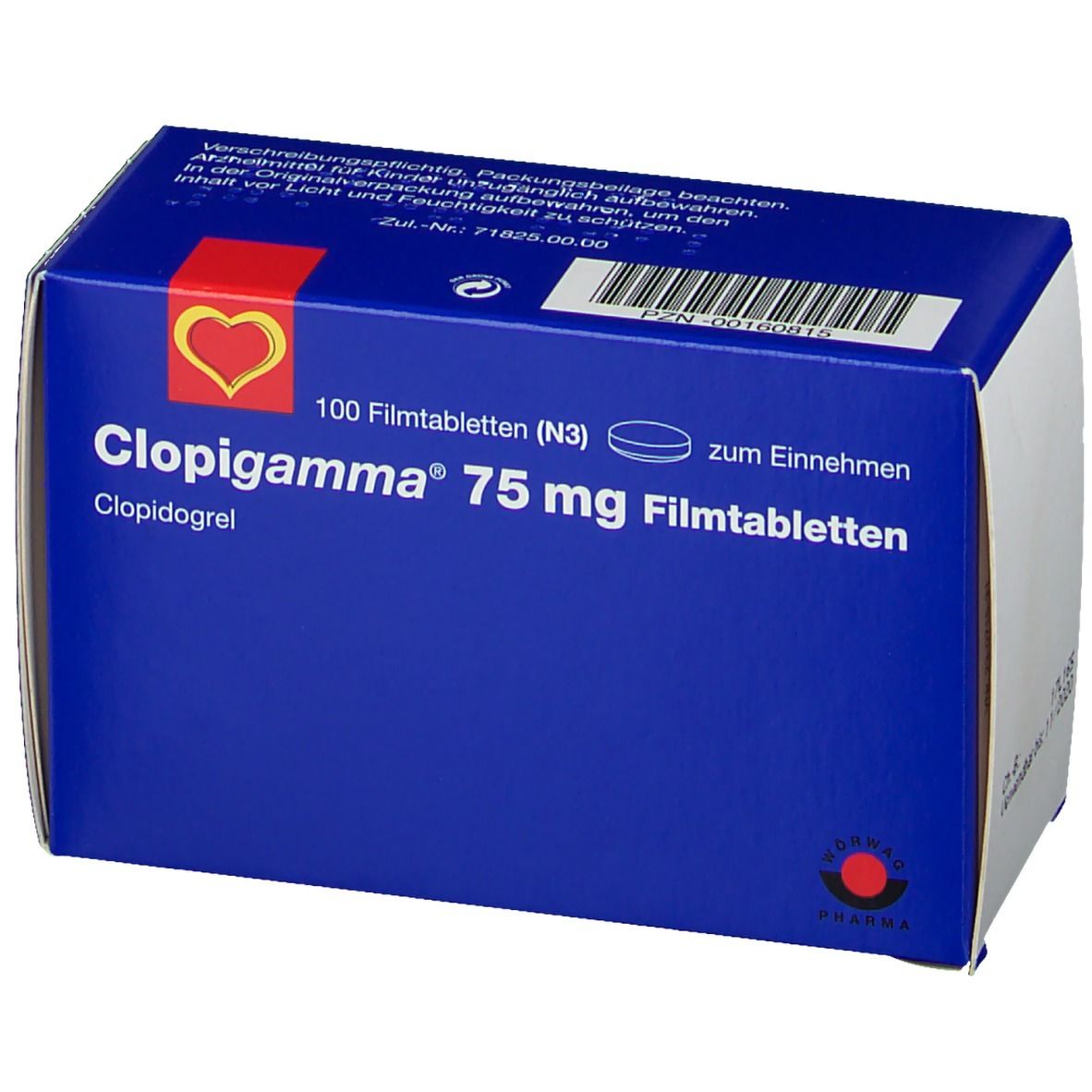 Blaue Schachtel mit Aufschrift Clopigamma 75 mg Filmtabletten. Enthält 100 Tabletten. Logo: rotes Herz.
