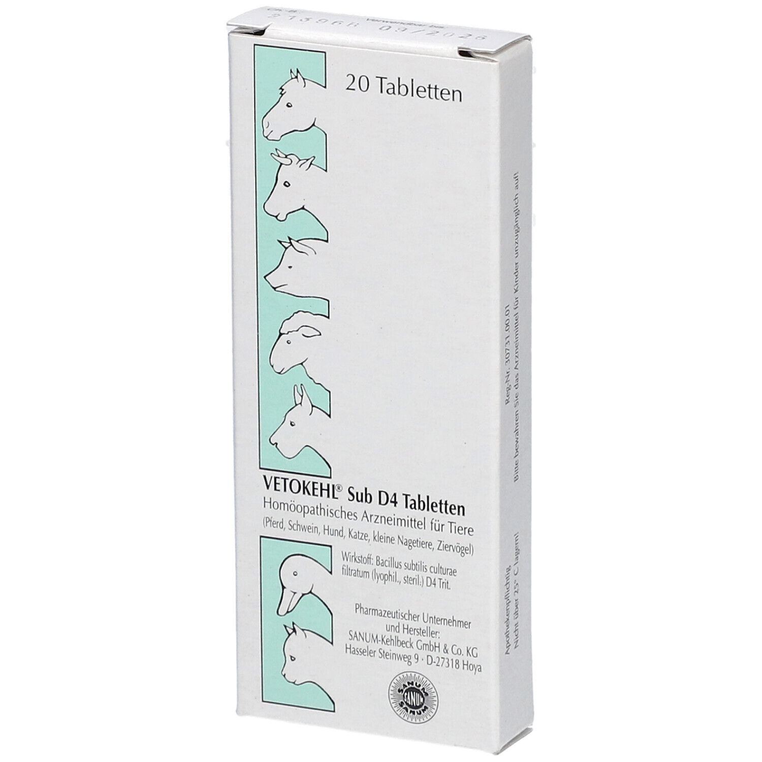 Weiße Tablettenbox mit Produktnamen und Tierabbildungen. Oben steht "20 Tabletten".