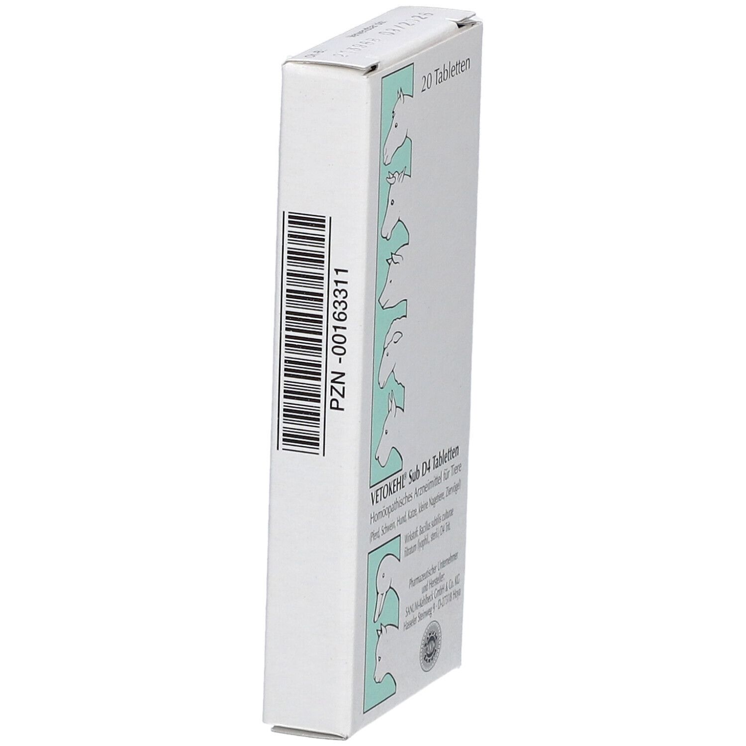 Tablettenbox, Seitenansicht mit Barcode und Produktinformationen. Grün-weiße Farbgebung.
