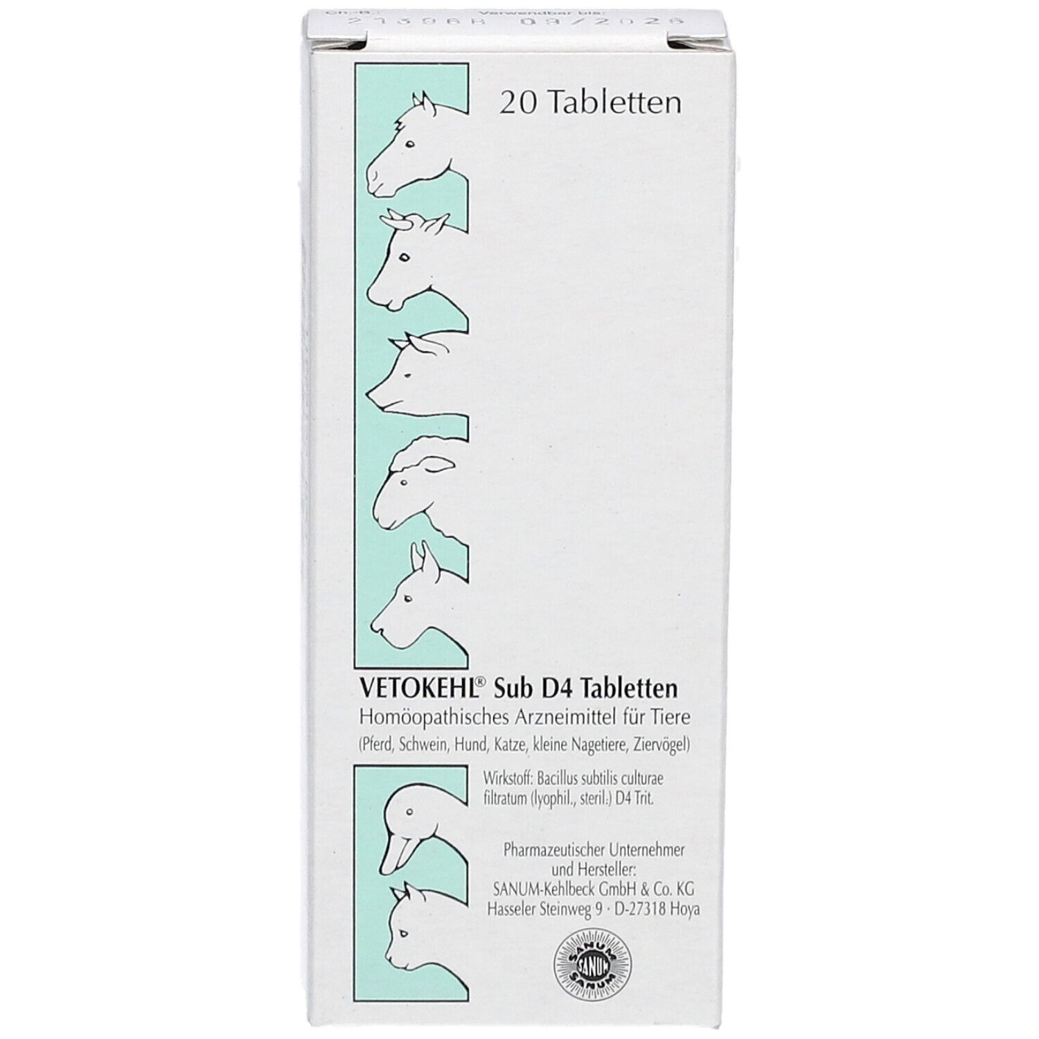 Weiße Tablettenbox mit Produktnamen und Tierabbildungen. Oben steht "20 Tabletten".