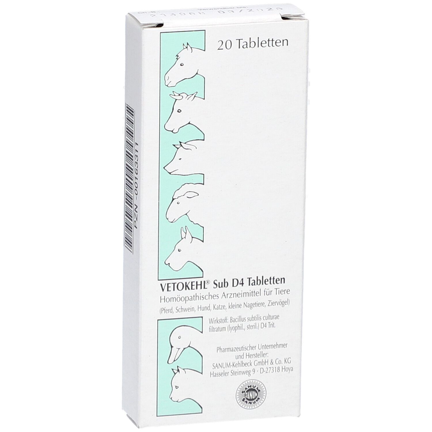 Weiße Tablettenbox mit Produktnamen und Tierabbildungen. Oben steht "20 Tabletten".