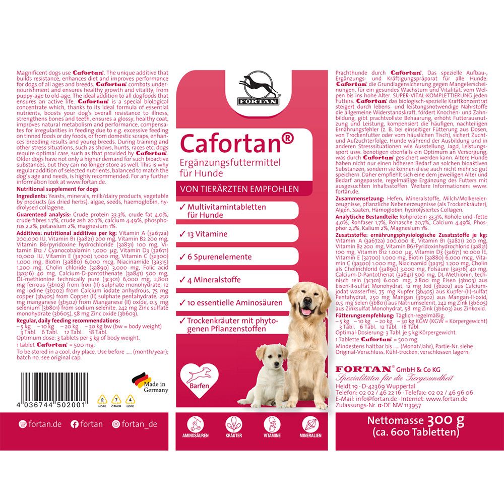 Rückseite der Flasche. Text und Inhaltsstoffe. Cafortan® für Hunde. Hund und Welpe. Nettomasse 300 g (ca. 600 Tabletten).