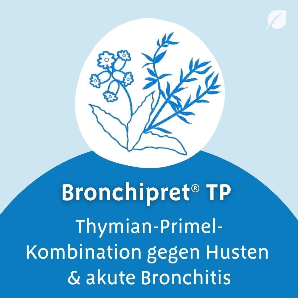 Flasche Bronchipret® Tropfen, Messbecher. Text: extra stark und hoch konzentriert.