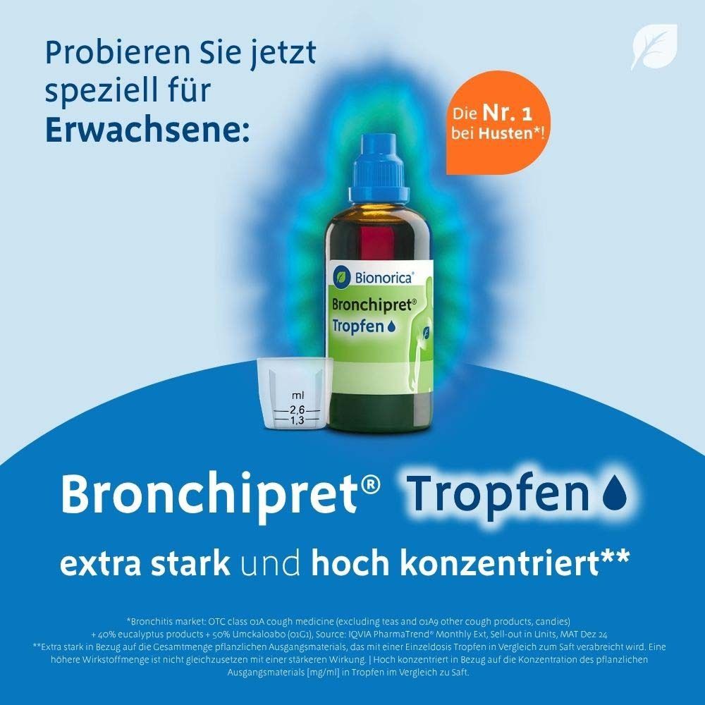 Werbung für Bronchipret® Tropfen. Flasche und Messbecher. Text: extra stark und hoch konzentriert. Marke Bionorica.