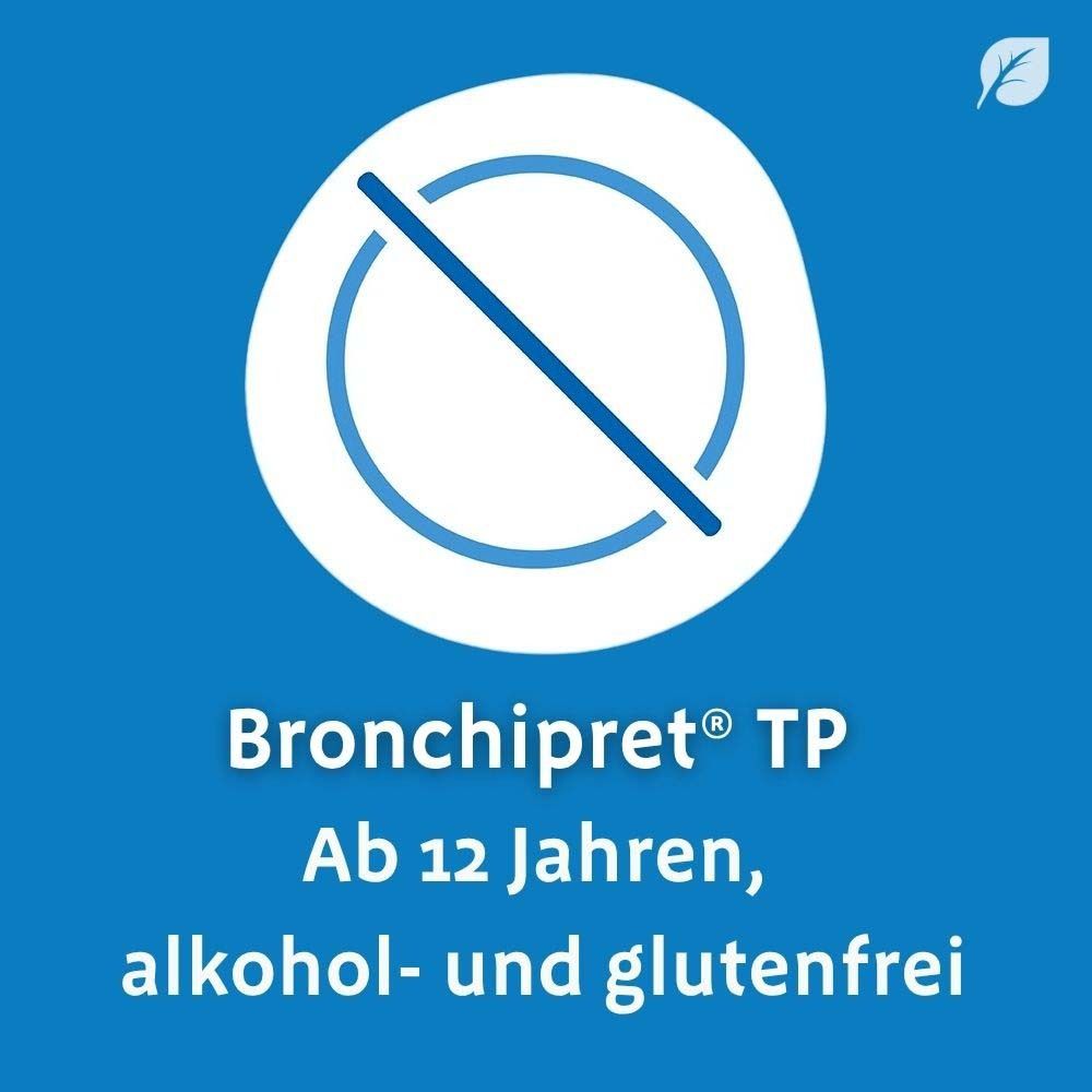 Blaues Bild mit weißem Kreis. Illustration einer Reisetasche. Text: Bronchipret® TP, Filmtabletten praktisch für unterwegs.