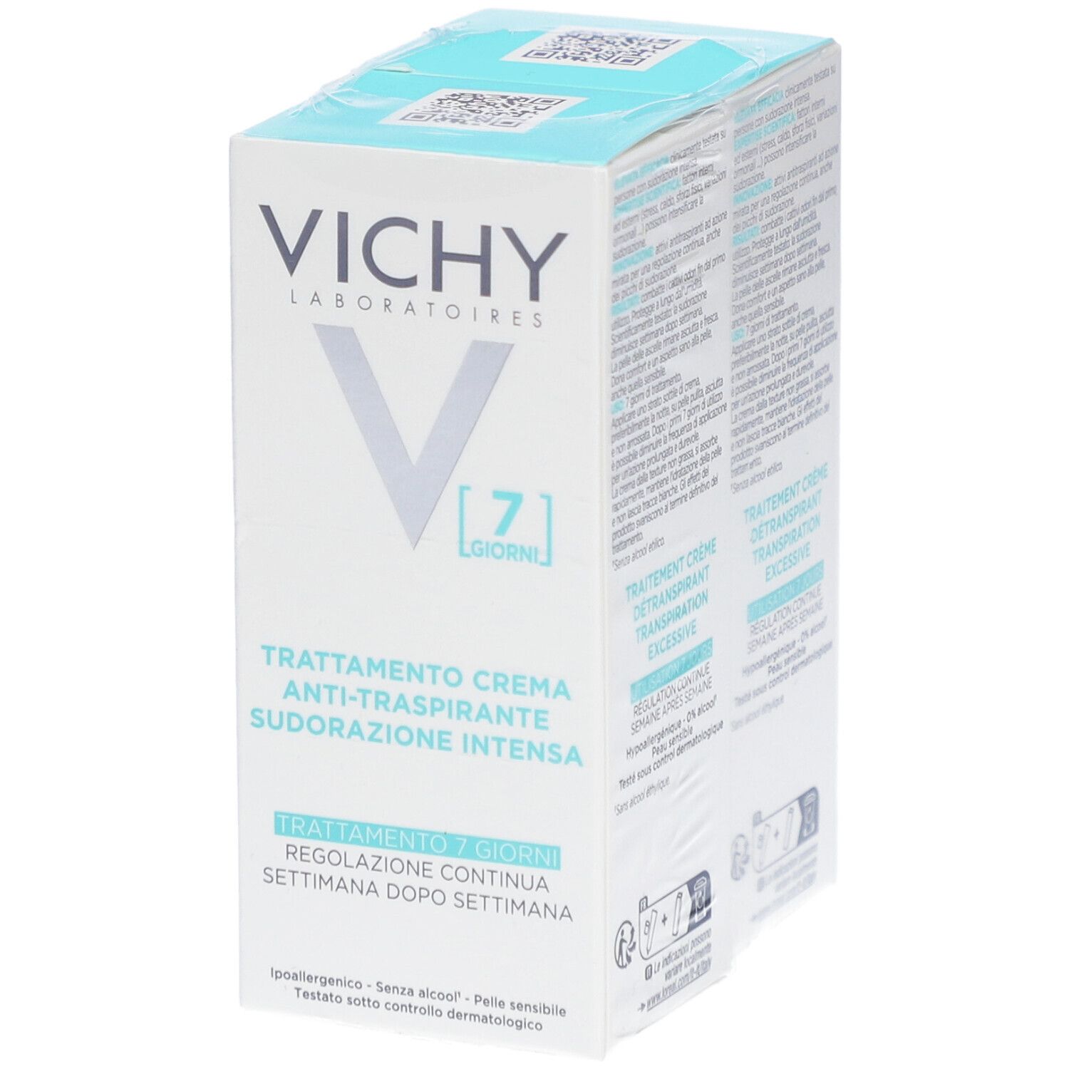 Verpackung für Deodorant Creme. Marke VICHY. Aufschrift: Anti-Transpirant Creme. 7 Tage Wirkung.