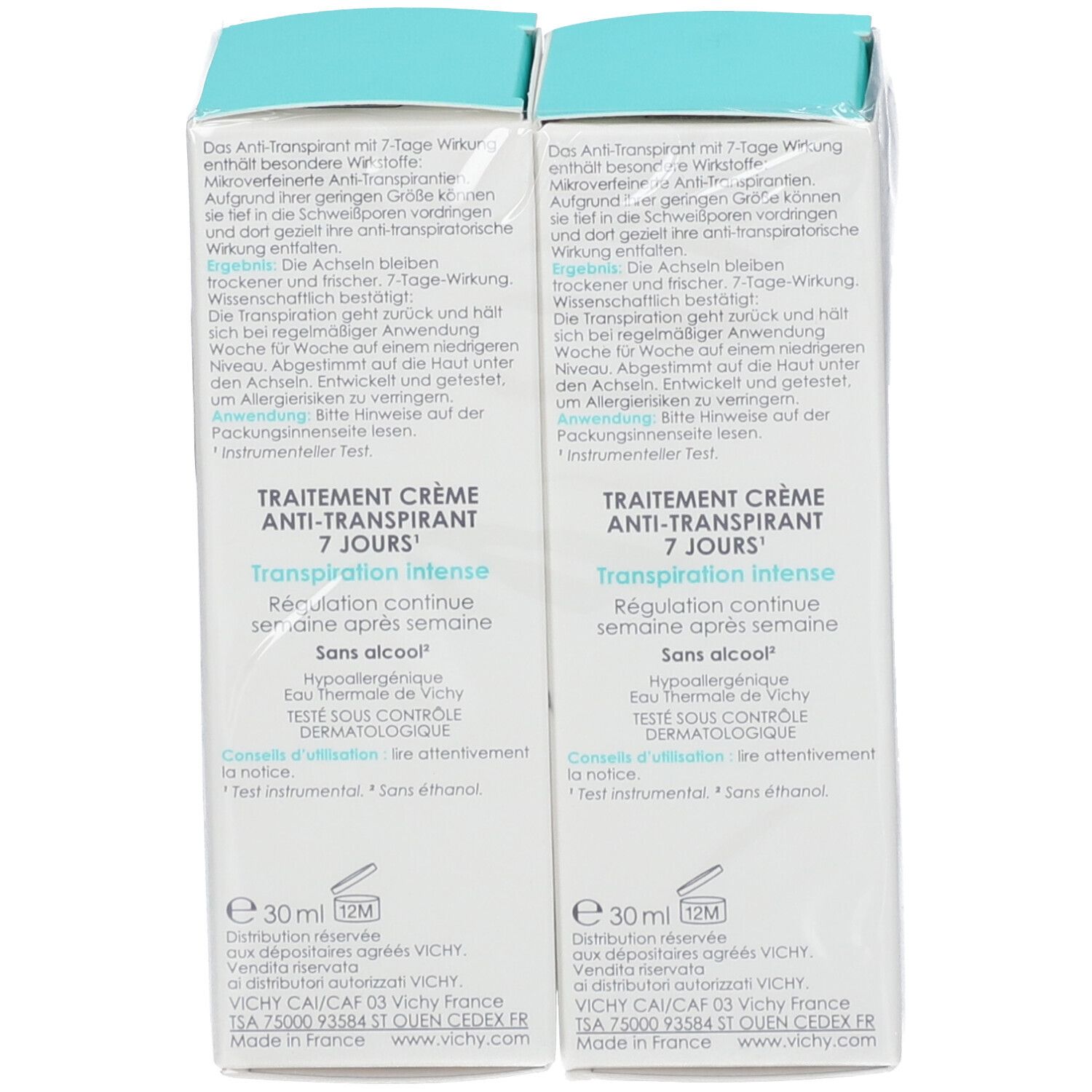 Zwei Verpackungen für Deodorant Creme. Marke VICHY. Aufschrift: Anti-Transpirant Creme. 7 Tage Wirkung.