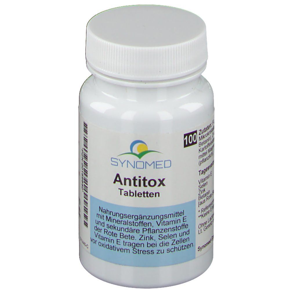 Weiße Tablettenflasche mit blauem Etikett. SYNOMED Antitox Tabletten. 100 Tabletten. Text: Nahrungsergänzungsmittel.