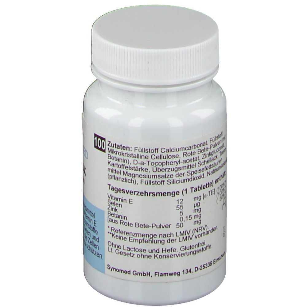 Weiße Tablettenflasche mit blauem Etikett. Text: Zutaten, Tagesverzehrsmenge (1 Tablette) enthält, ohne Laktose und Gluten.