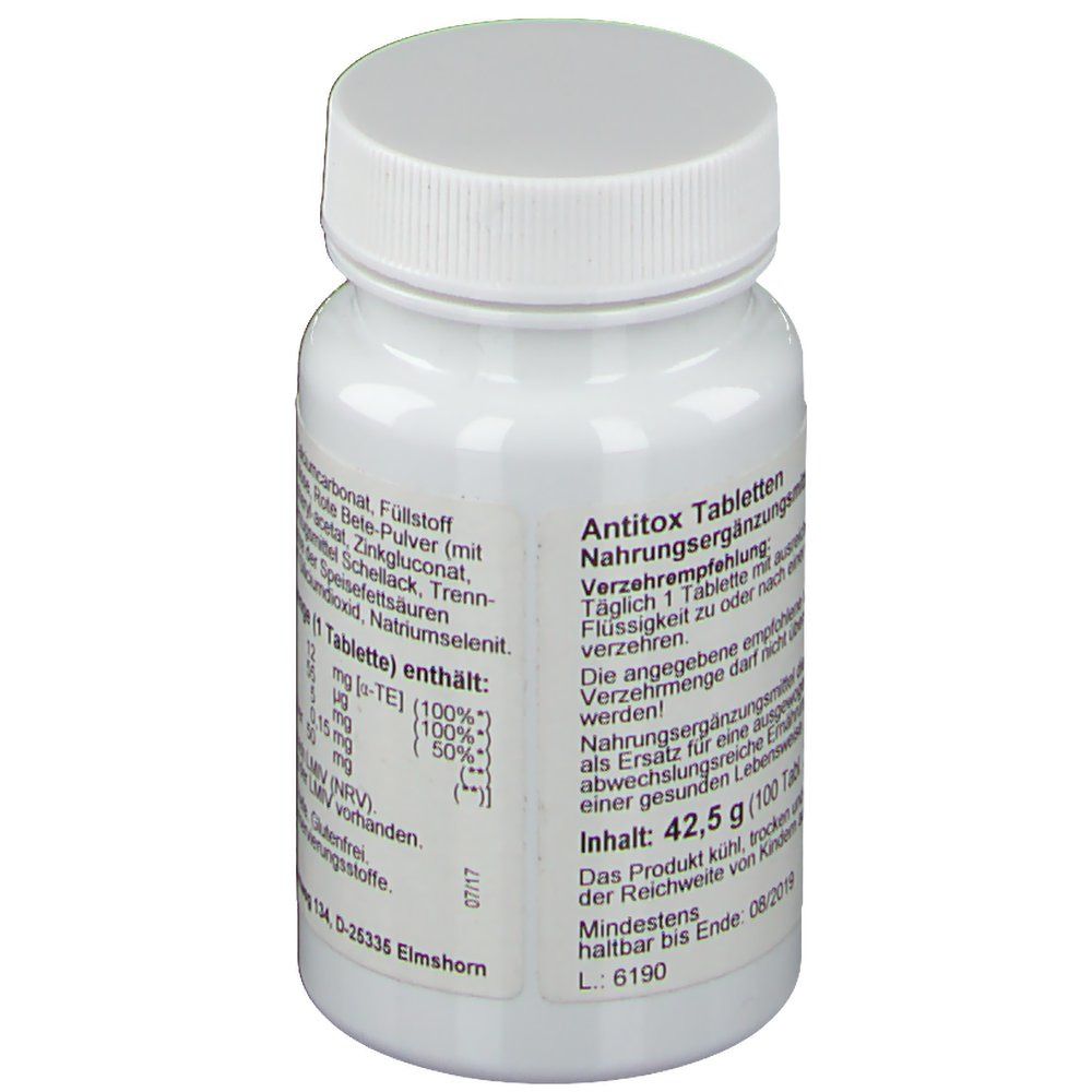 Weiße Tablettenflasche mit blauem Etikett. Text: Antitox Tabletten, Nahrungsergänzungsmittel, Inhalt 42,5 g (100 Tabl.). Haltbar bis Ende 06/2019.