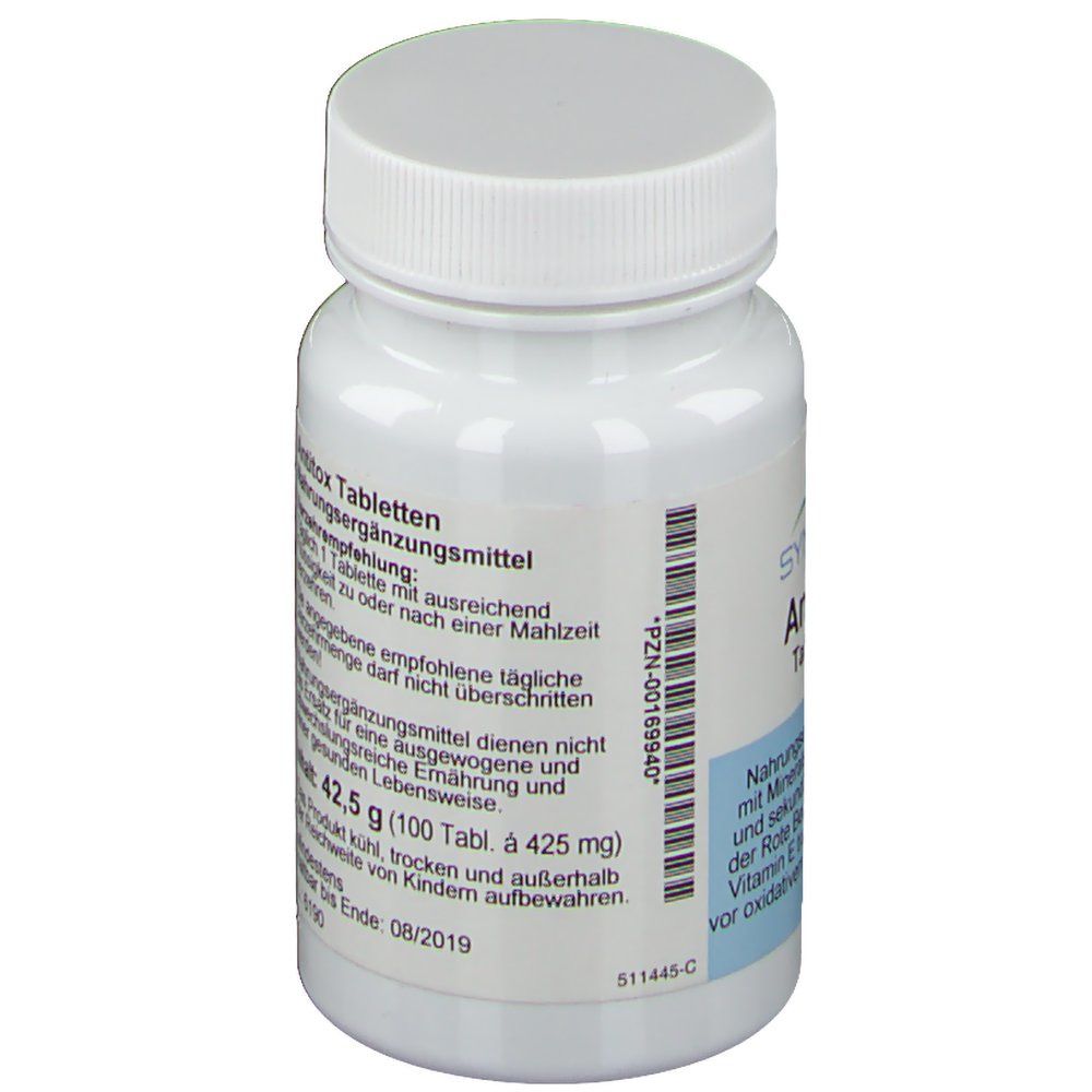 Weiße Tablettenflasche mit blauem Etikett. Text: Nahrungsergänzungsmittel, 42,5 g (100 Tabl. à 425 mg). PZN-400169940.