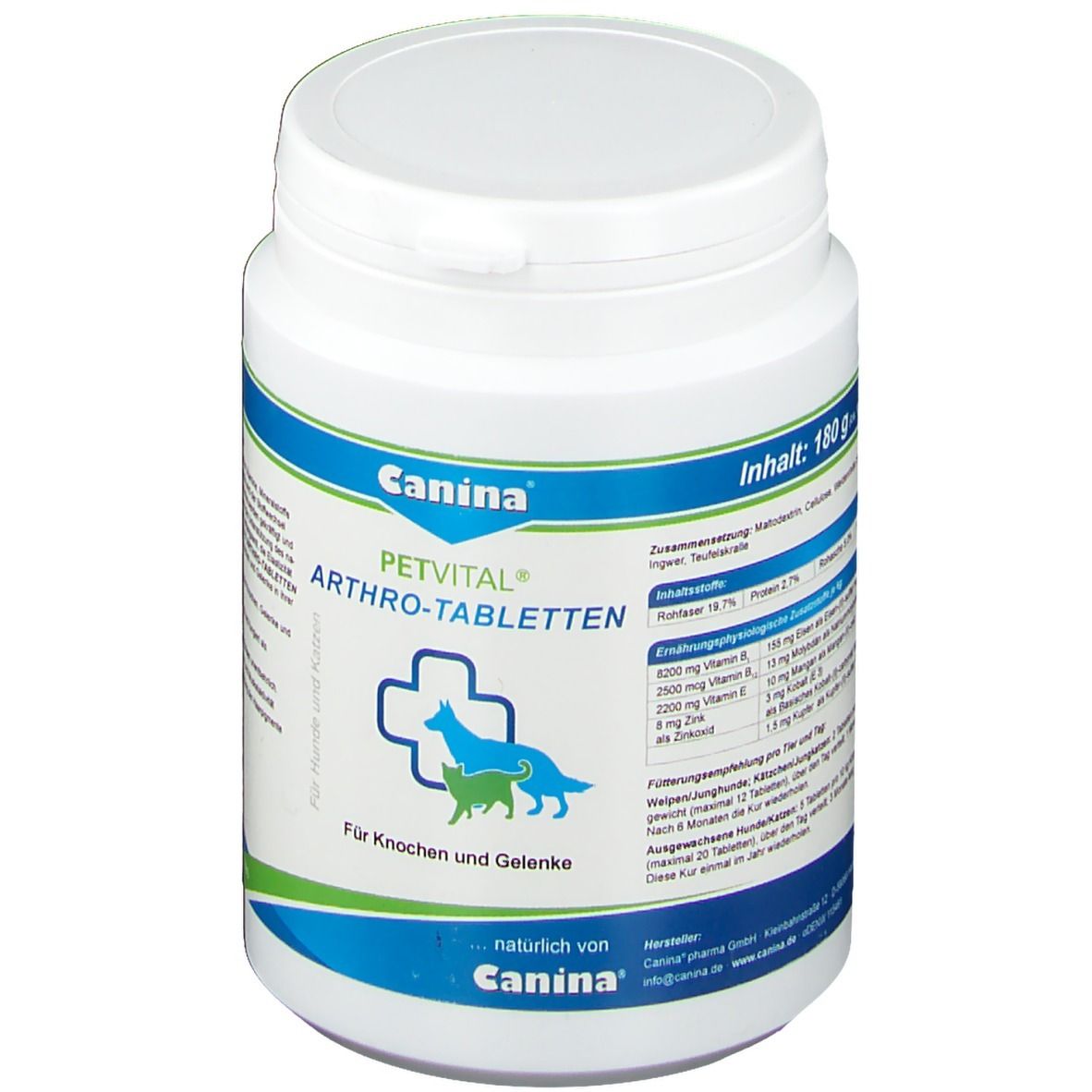 Weiße Dose mit blau-grüner Beschriftung. Aufschrift: PETVITAL ARTHRO-TABLETTEN. Logo: Hund und Katze. Für Knochen und Gelenke.