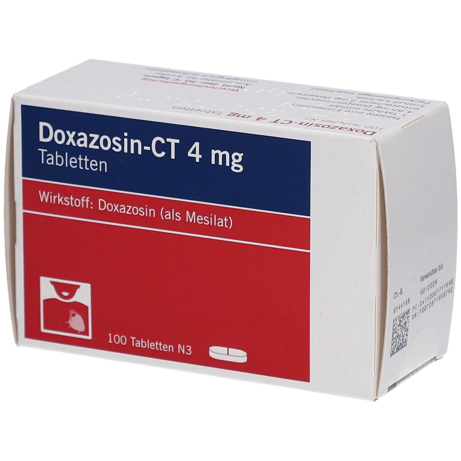 Schachtel mit Doxazosin-CT 4 mg Tabletten. Blaue und rote Farbflächen mit Produktinformationen. 100 Tabletten N3.