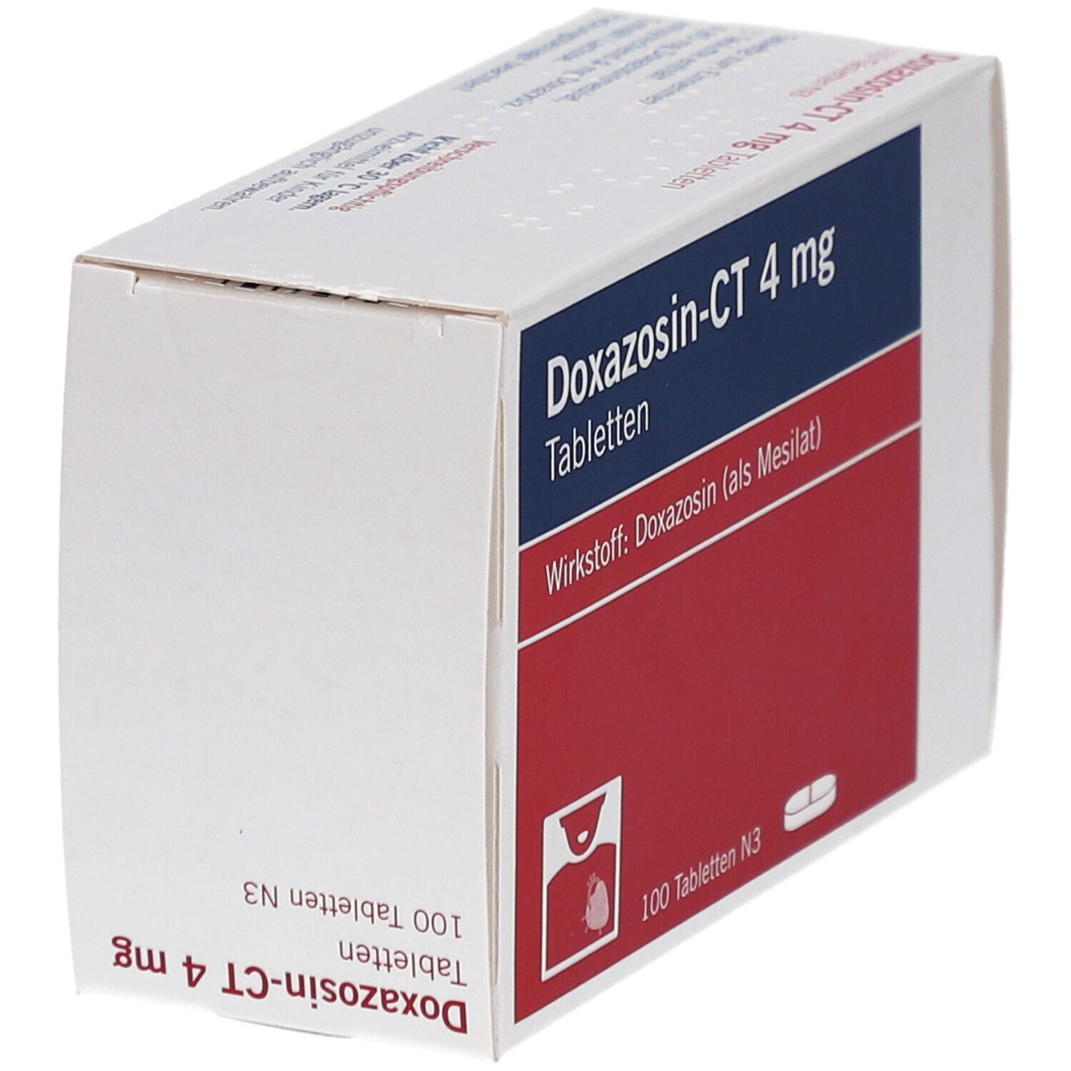 Schachtel Doxazosin-CT 4 mg Tabletten. Blaue und rote Flächen mit Produktinformationen. 100 Tabletten N3. Perspektivische Ansicht.