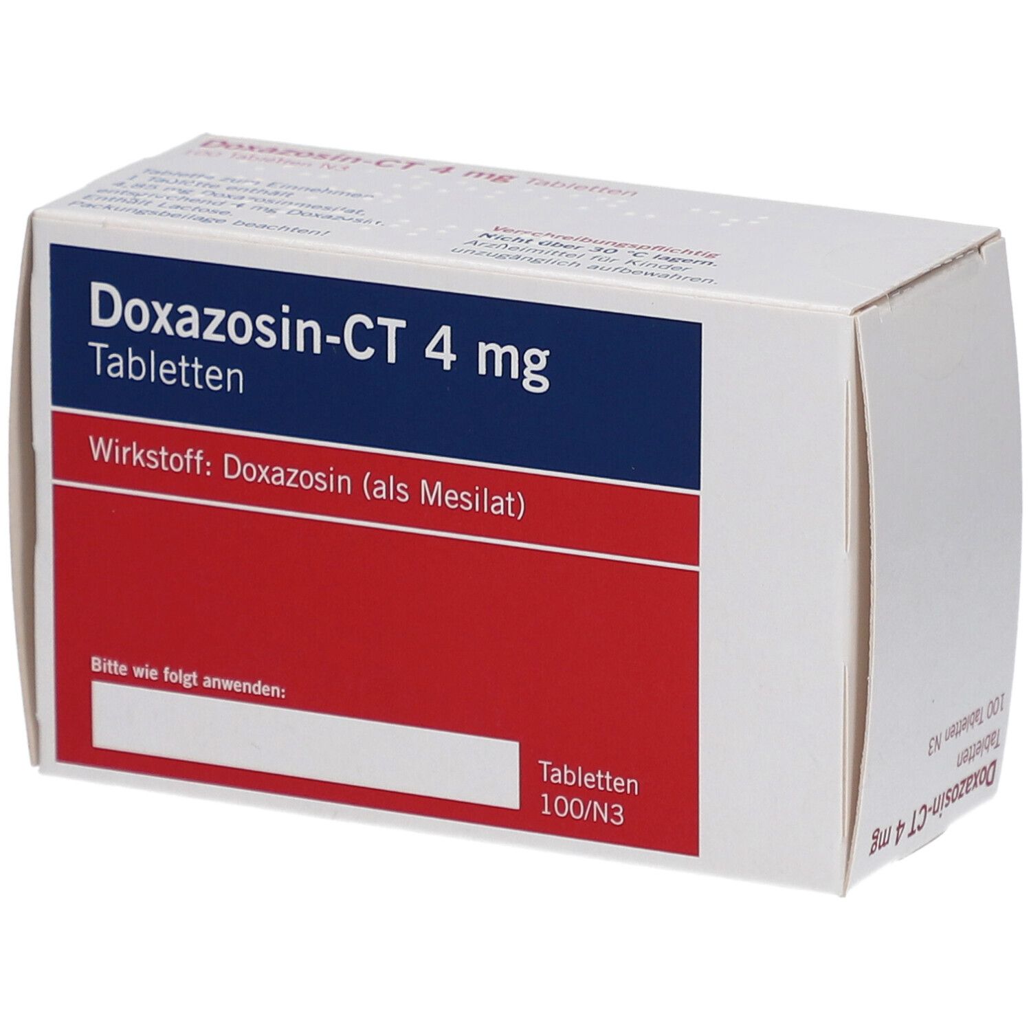 Schachtel Doxazosin-CT 4 mg Tabletten. Blaue und rote Flächen mit Produktinformationen. 100 Tabletten N3. Perspektivische Ansicht.