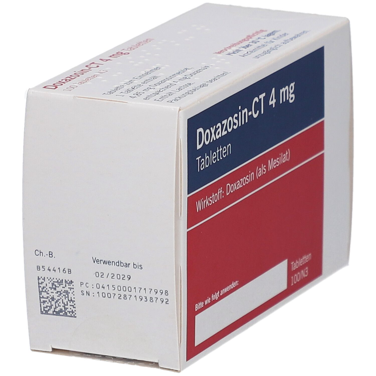 Schachtel Doxazosin-CT 4 mg Tabletten. Blaue und rote Flächen mit Produktinformationen. 100 Tabletten N3. Rückseite mit Chargennummer.