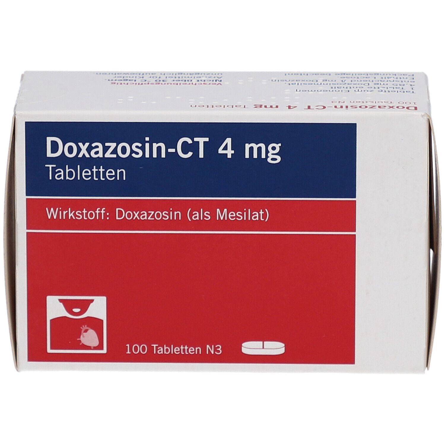 Schachtel Doxazosin-CT 4 mg Tabletten. Blaue und rote Flächen mit Produktinformationen. 100 Tabletten N3. Draufsicht.