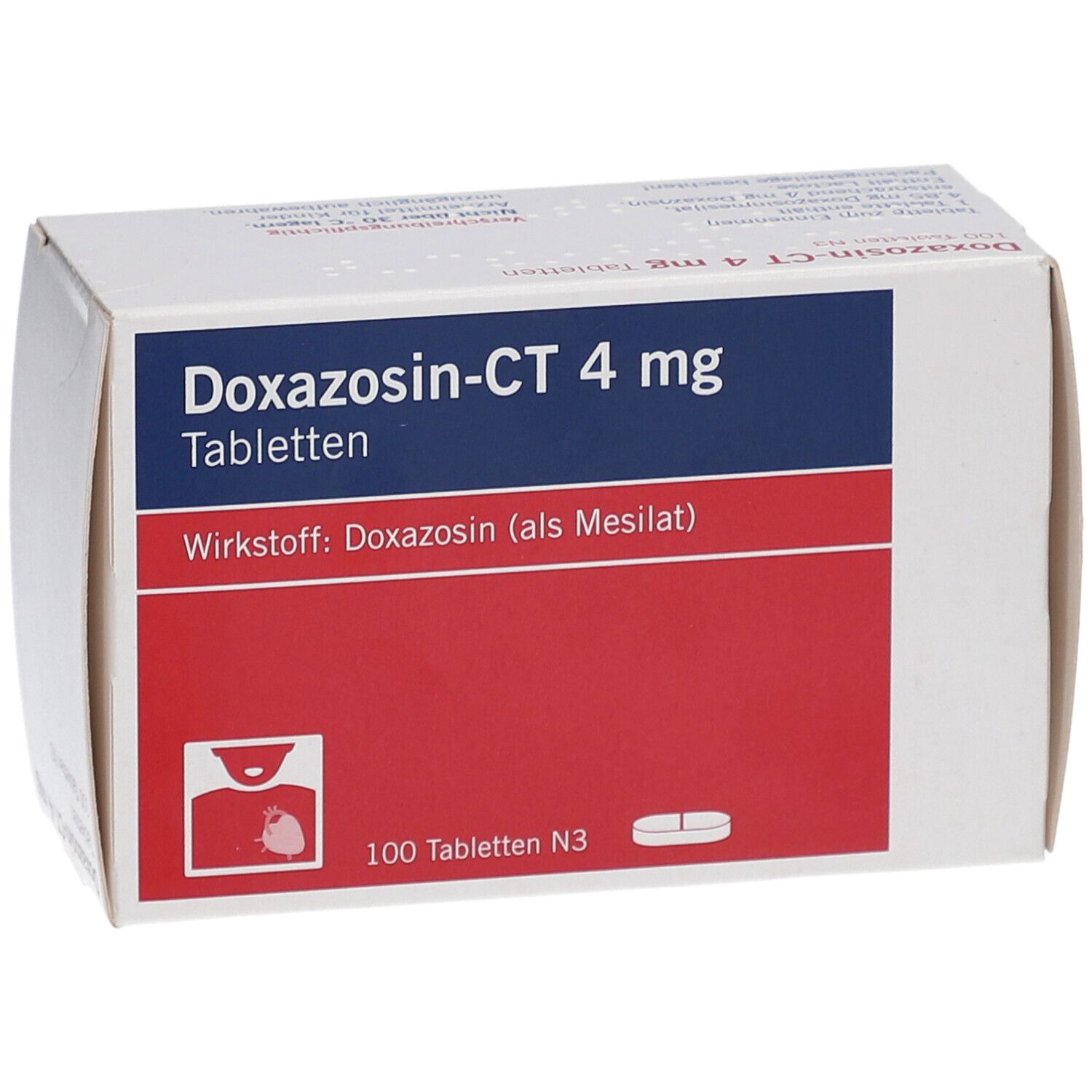 Schachtel Doxazosin-CT 4 mg Tabletten. Blaue und rote Flächen mit Produktinformationen. 100 Tabletten N3. Perspektivische Ansicht.