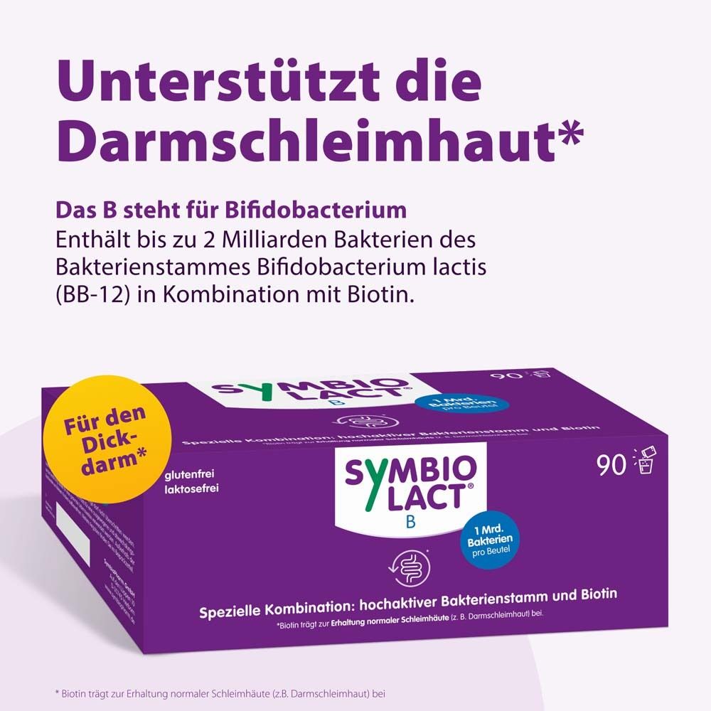 Lila Schachtel mit SymbioLact B. Enthält 90 Beutel. Text: Unterstützt die Darmschleimhaut*. Spezielle Kombination.