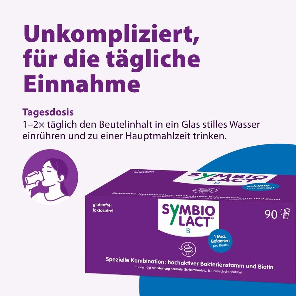 Schachtel mit SymbioLact B. Text: Unkompliziert, für die tägliche Einnahme. Tagesdosis: 1-2x täglich in Wasser einrühren.